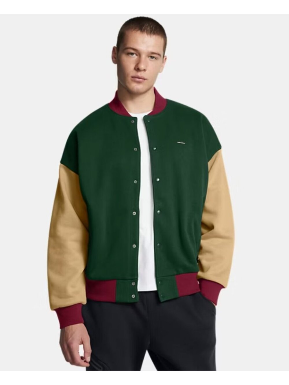 Under Armour Jacket Large Green Beige Icon Heavyweight Oversized Bomber NEW